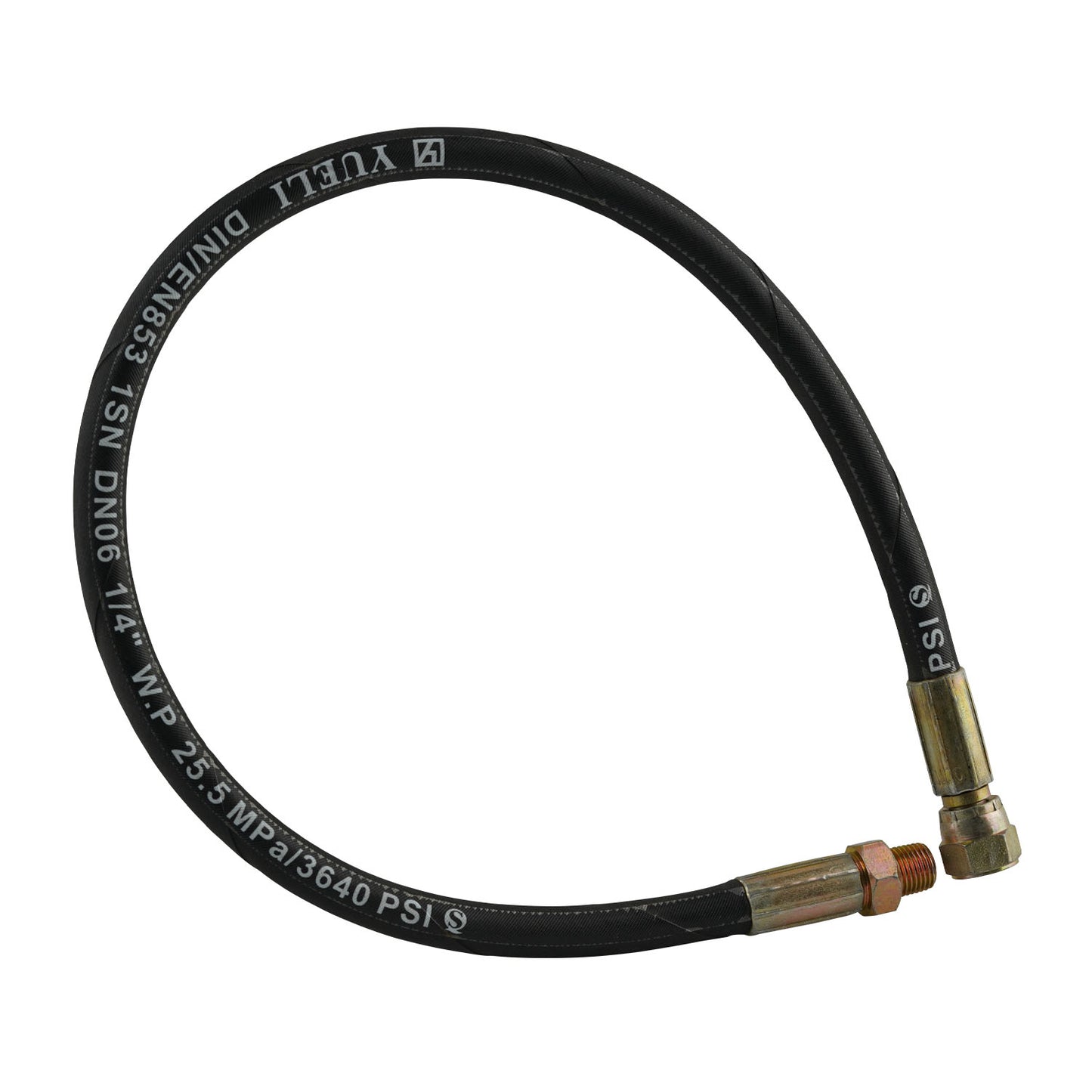 This image depicts a hydraulic hose, labeled "Hand Pump Hydraulic Hose 675mm." The hose has metal fittings on both ends, marked with specifications such as "DIN/EN853 1SN DN06 1/4" W.P 25.5 MPa/3640 PSI." The black rubber hose is coiled slightly and displayed against a textured white background, emphasizing its industrial application. This hose is suitable for models like RJ35, with fittings of 1/2" NPT and 9/16 JIC, and a length of 675mm.