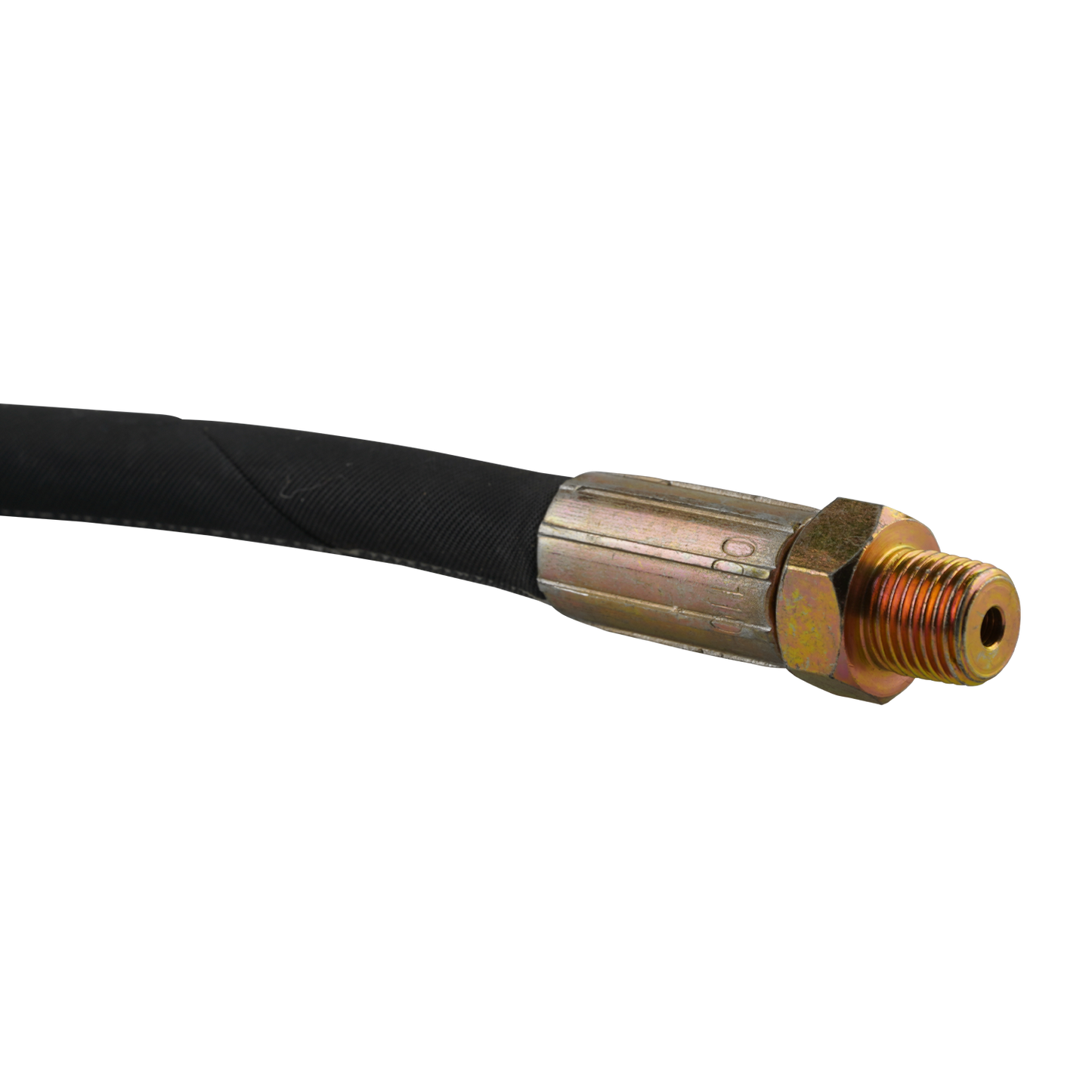 This image shows the other end of a hydraulic hose with a metal fitting. The fitting is threaded and gold-colored, with a slightly tapered end designed for secure attachment to a hydraulic system. This end complements the hose setup shown earlier, which is part of a hand pump hydraulic hose assembly measuring 675mm in length, used with models like the RJ35 and featuring fittings of 1/2" NPT and 9/16 JIC specifications.
