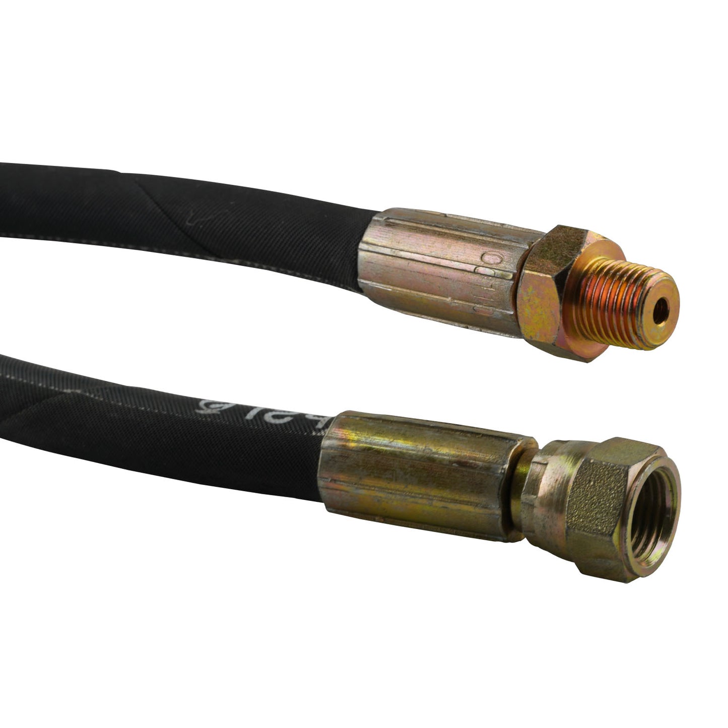 This image shows two ends of a hydraulic hose, each fitted with metal connectors. The top fitting is a male threaded connection, while the bottom fitting is a female threaded connection. These fittings are designed for secure attachment in a hydraulic system. The hose is part of a 675mm hand pump hydraulic hose with a working pressure rating of 25.5 MPa/3640 PSI, typically used with models such as the RJ35, and features 1/2" NPT and 9/16 JIC fittings.