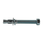 This is an image of a wedge anchor bolt. The bolt consists of a threaded metal shaft, a hexagonal nut, and a washer. The expanding wedge mechanism is visible near the tip of the bolt, designed to secure the bolt firmly into concrete or another material when tightened. The metallic finish suggests it may be galvanized or made of stainless steel for durability and resistance to corrosion.