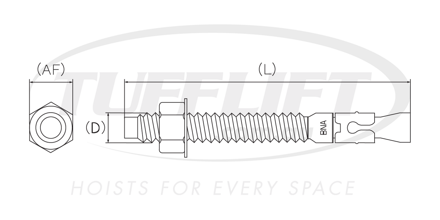 This image shows a technical drawing of a wedge anchor bolt. The drawing provides dimensional labels such as (AF) for across flats (likely the spanner or wrench size), (D) for the bolt diameter, and (L) for the total length of the bolt. The detailed diagram illustrates the threaded shaft, expanding wedge mechanism labeled "BNA," and a hexagonal nut. It appears to represent precise measurements and components necessary for proper installation of the wedge anchor bolt in various applications like hoists. The