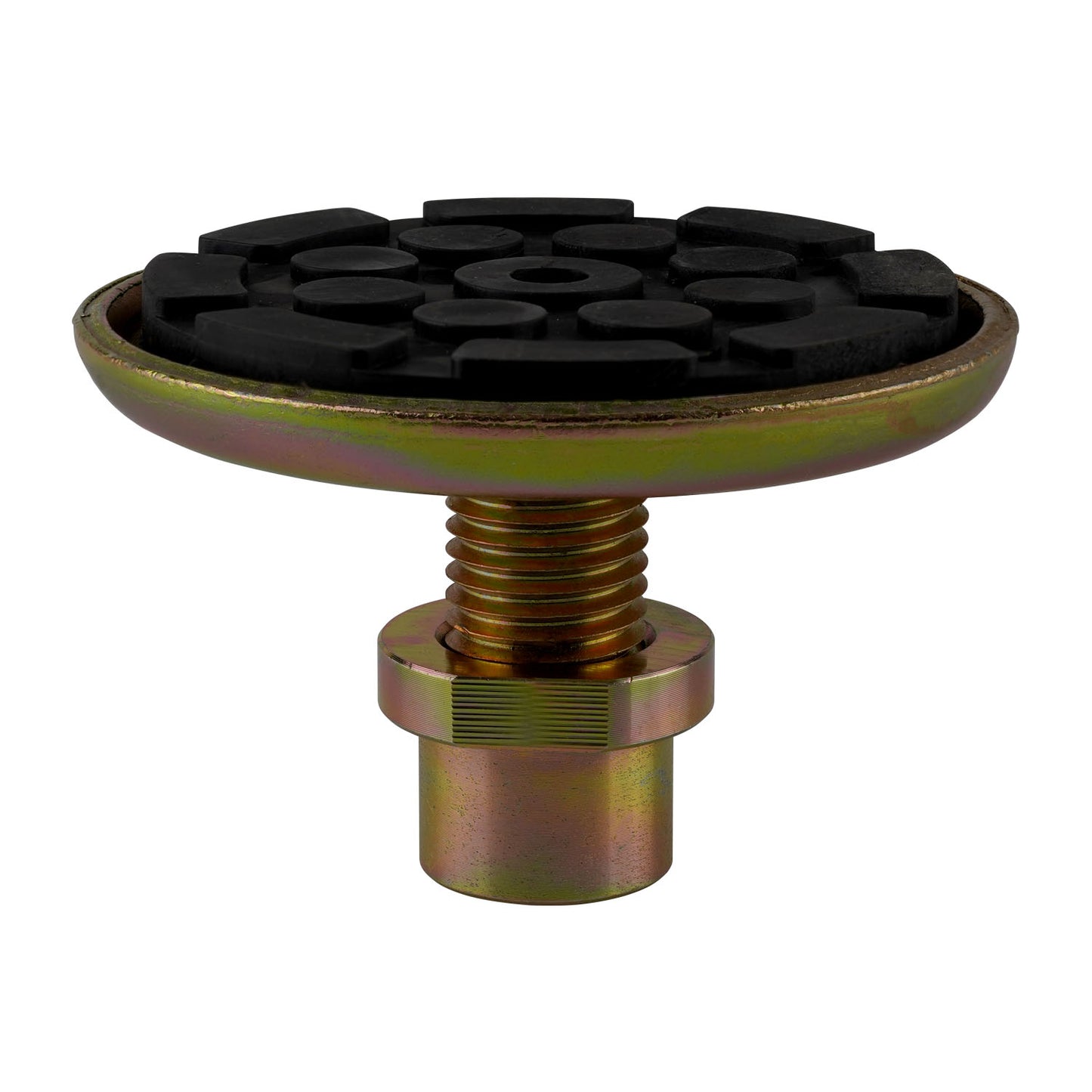 Front view of a 2 post hoist pad with a robust, textured rubber surface and a sturdy threaded base. - Screw Pad - Drop In
