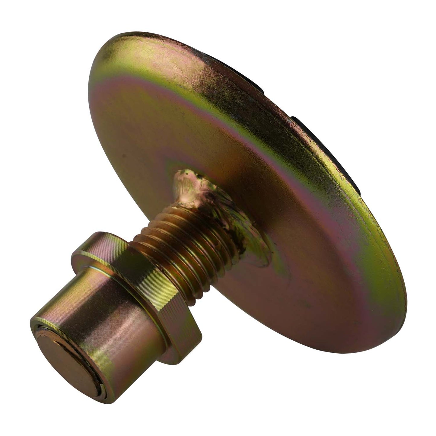 Side angle of a 2 post hoist pad with a robust metal base and threaded attachment, designed for secure lifting in automotive applications. - Screw Pad - Drop In