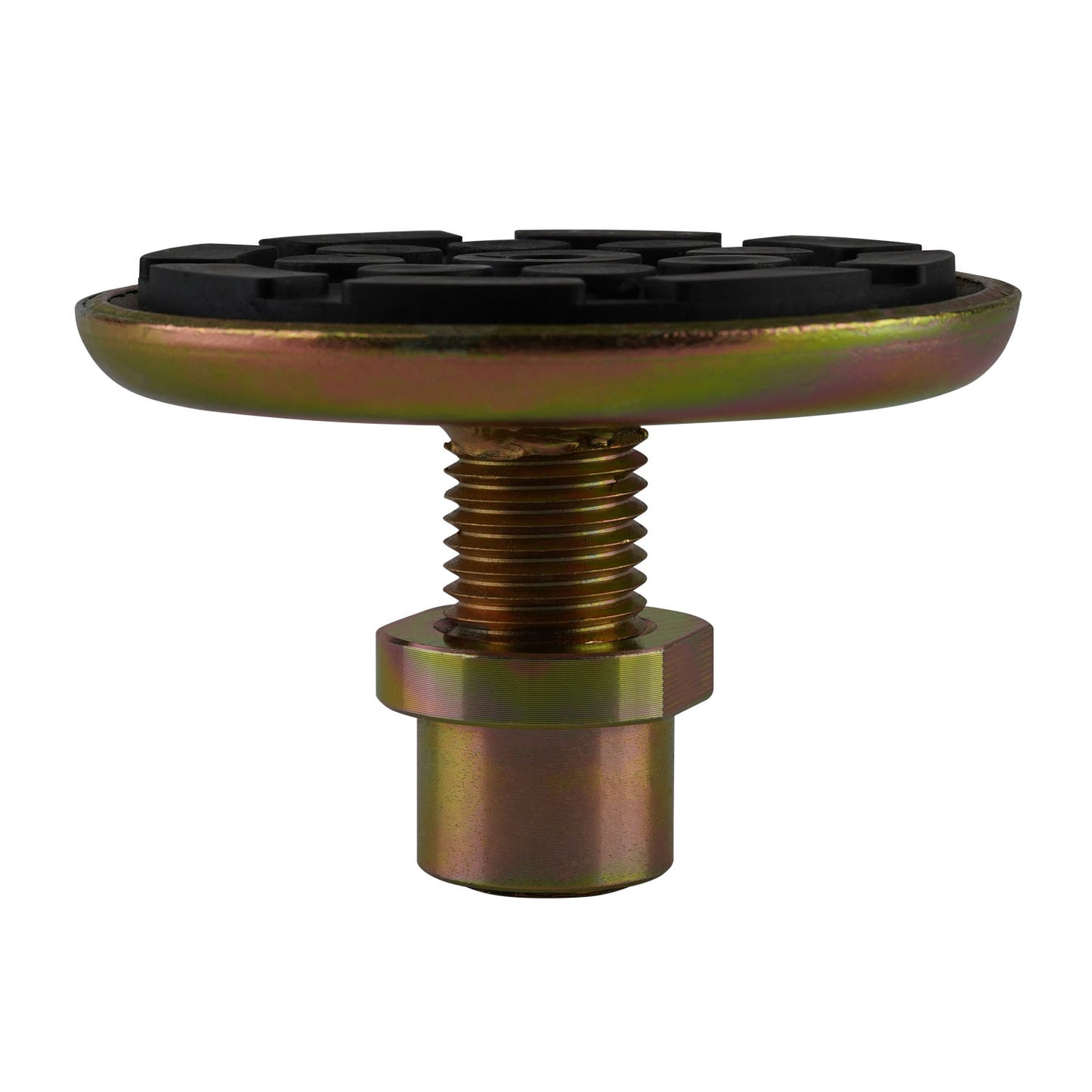 Front view of a 2 post hoist pad featuring a durable, textured rubber surface and a sturdy threaded base, ideal for car hoists. - Screw Pad - Drop In