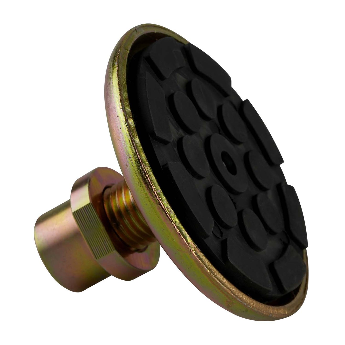 Close-up of a 2 post hoist pad showing a durable, textured rubber surface and screw for secure lifting. Ideal for use in automotive lifts. - Screw Pad - Drop In