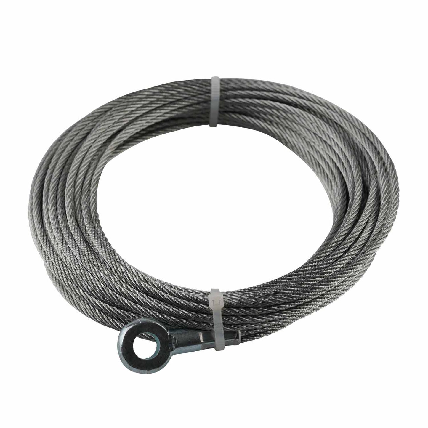 This image shows a coiled car hoist cable with a metal eye bolt attached to one end. The cable is neatly wound and secured with plastic ties, and the eye bolt is clearly visible, indicating that it is designed for specific lifting or locking applications, likely related to hoist or lift equipment. The focus on the coil and the eye bolt highlights its industrial use.