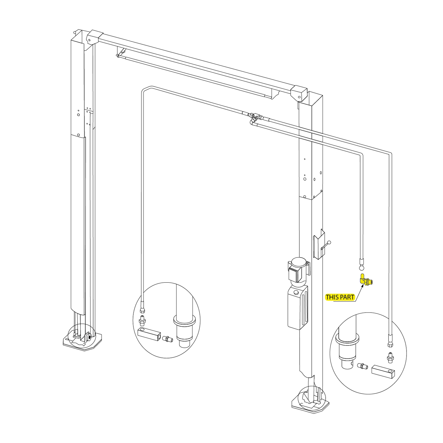 Technical line drawing of a two-post car hoist with hydraulic lines. The diagram highlights the 90-degree power unit fitting with a yellow label reading 'THIS PART.' Enlarged circular callouts show detailed views of the hydraulic connection assemblies at the base of each post, with one zoomed view focusing on the highlighted 90-degree power unit fitting
