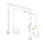 Technical line drawing of a two-post car hoist with hydraulic lines. The diagram highlights the 90-degree power unit fitting with a yellow label reading 'THIS PART.' Enlarged circular callouts show detailed views of the hydraulic connection assemblies at the base of each post, with one zoomed view focusing on the highlighted 90-degree power unit fitting