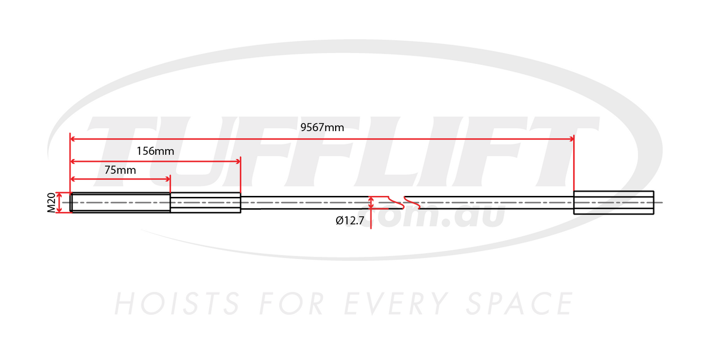 This is a technical drawing of a hoist cable with a total length of 9567mm and a diameter of 12.7mm. The drawing shows an M20 thread at one end, with segment dimensions of 75mm and 156mm close to the threaded section, providing detailed specifications for the cable’s structure and dimensions.