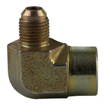 Close-up image of a 90-degree hydraulic elbow featuring a 9/16 JIC connection on one side and a 1/2 NPT on the other. The metallic elbow is designed for high-pressure hydraulic systems, built to provide leak-free performance and withstand rugged environments