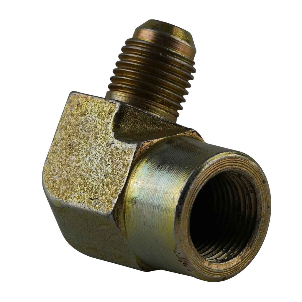Angled view of a 90-degree hydraulic elbow with a 9/16 JIC connection on one side and a 1/2 NPT on the other. The metal fitting shows its threaded ends, designed for durable and leak-free connections in high-pressure hydraulic systems.