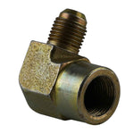 Angled view of a 90-degree hydraulic elbow with a 9/16 JIC connection on one side and a 1/2 NPT on the other. The metal fitting shows its threaded ends, designed for durable and leak-free connections in high-pressure hydraulic systems.