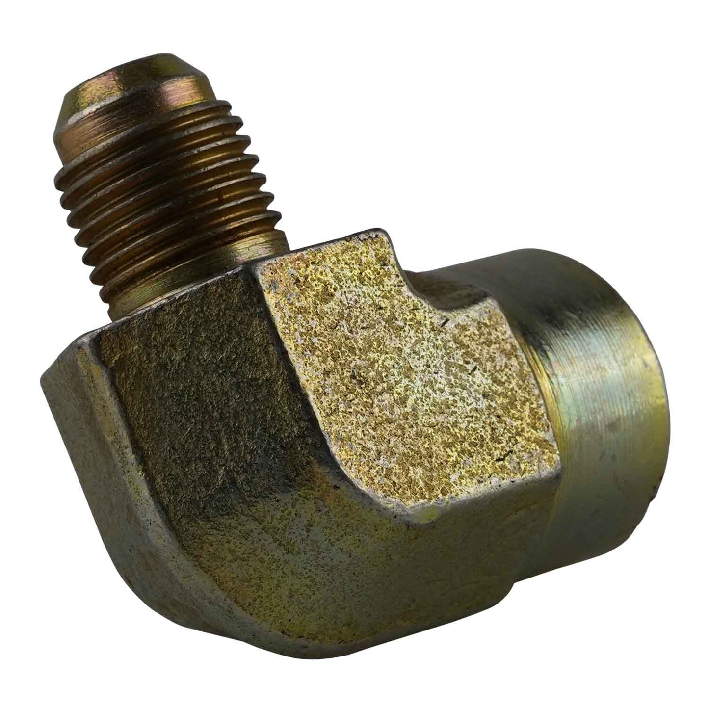 Back view of a 90-degree hydraulic elbow with a 9/16 JIC connection and 1/2 NPT thread. The fitting's rugged, metallic surface is designed for high-pressure hydraulic applications, ensuring durability and reliable performance