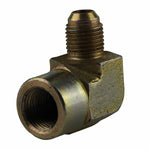 Close-up of a 90-degree hydraulic elbow fitting, showing the 9/16 JIC connection and 1/2 NPT threaded opening. The metallic elbow is built for high-pressure hydraulic systems, featuring a robust design for durable and leak-free performance.