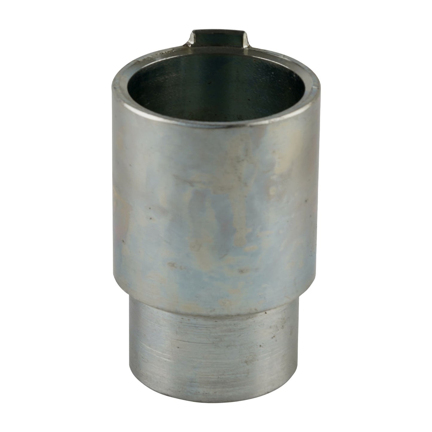 This image shows a metal adapter sleeve designed for use with car hoist pads. It has a cylindrical shape with a hollow center to accommodate a hoist arm post. The surface appears metallic, and a notch is visible at the top, likely for secure fitting. This adapter is suitable for aligning hoist pads with larger arm holes for stable vehicle lifting.