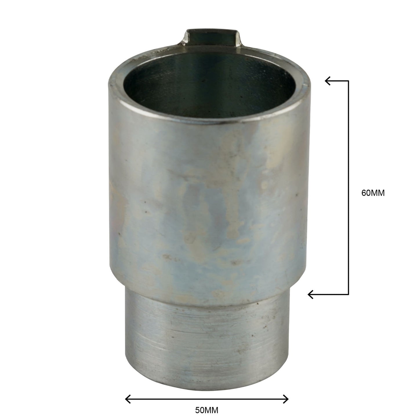 A metal adapter sleeve with dimensions marked on it. The sleeve has a hollow cylindrical design with a notch at the top, likely used for secure fitting with compatible car hoist systems.