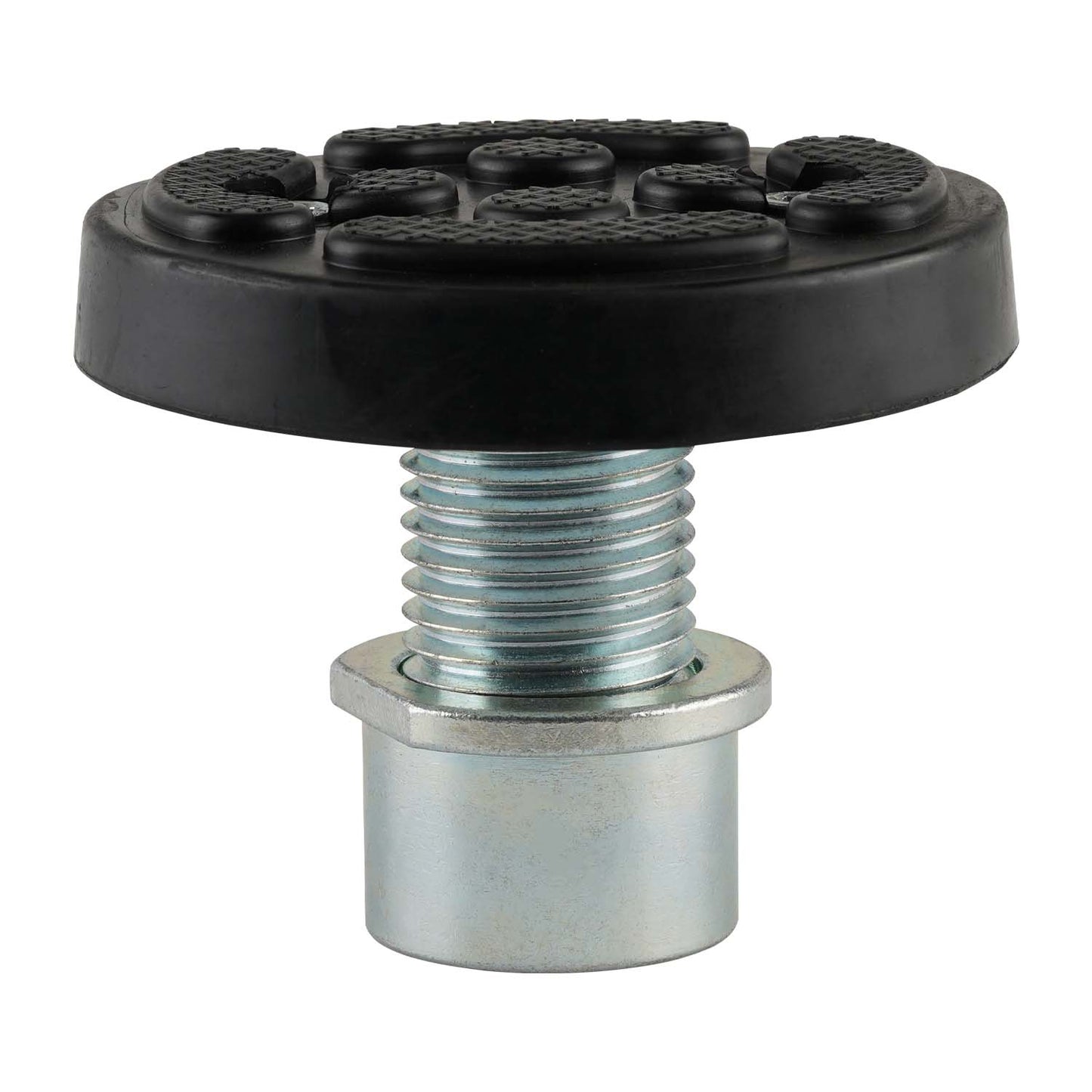A drop-in screw pad designed for EAE 2 post car hoists. The pad features a sturdy, round rubber top for vehicle support and a threaded metal base for secure attachment. This model is compatible with a 50mm arm hole, providing stability during vehicle lifts, and is suited for various hoist models.