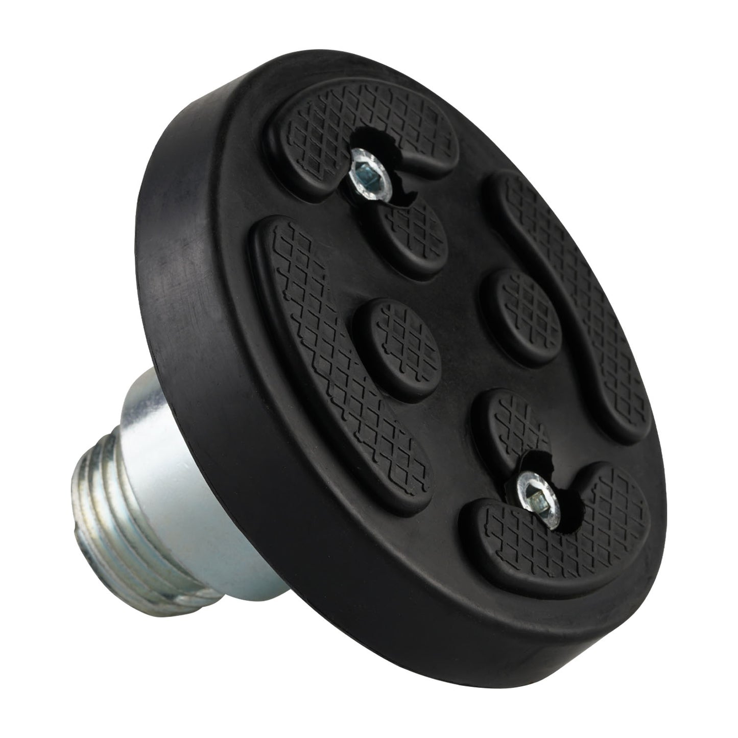 This image displays a close-up of a drop-in screw pad with a black, textured rubber surface for enhanced grip during vehicle lifts. The pad has a sturdy threaded metal base and is secured with bolts. It is designed for EAE 2 post car hoists with a 50mm arm hole, ensuring firm and stable support during operation.