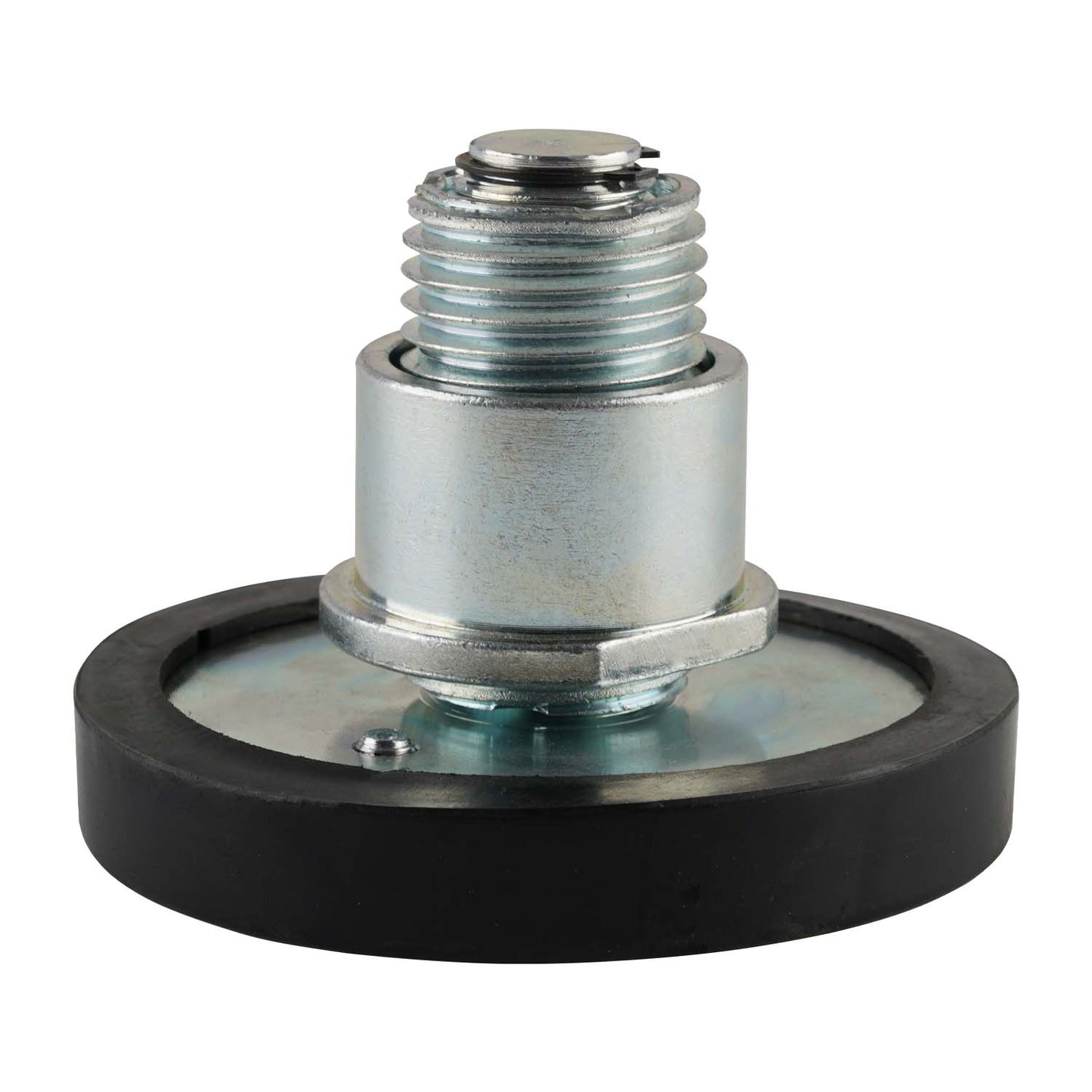 This image shows a close-up view of the underside of a drop-in screw pad, highlighting the metal threaded section and the rubber base. The design features a metal core with a bolt fastening system, ensuring secure attachment. This component is typically used with EAE 2 post car hoists, providing strong and stable support for vehicle lifting.