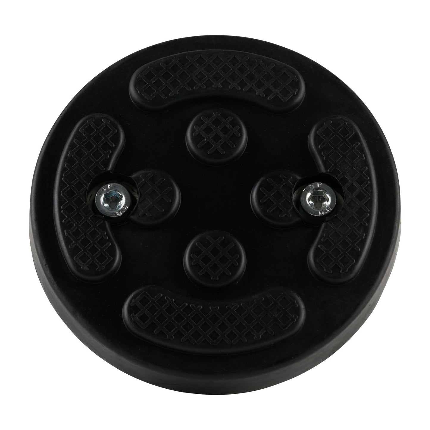 This image displays the top view of a black rubber car hoist screw pad. The pad features two embedded screws and textured areas for enhanced grip. It is typically used in EAE 2 post car hoists, ensuring secure vehicle lifting with added friction for stability. The design includes raised patterns to help distribute weight evenly across the surface.