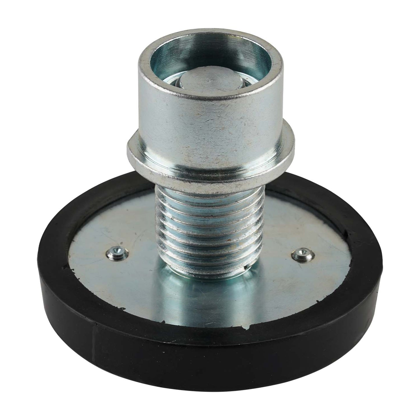 This image shows the bottom side of a car hoist screw pad, featuring a metal threaded post attached to a rubber base. The post is designed to fit securely into the hoist's arm, while the rubber pad provides stability and grip for vehicle lifting. The visible screws on the base suggest the pad is securely fastened to ensure durability during use. Suitable for use with EAE 2 post car hoists.