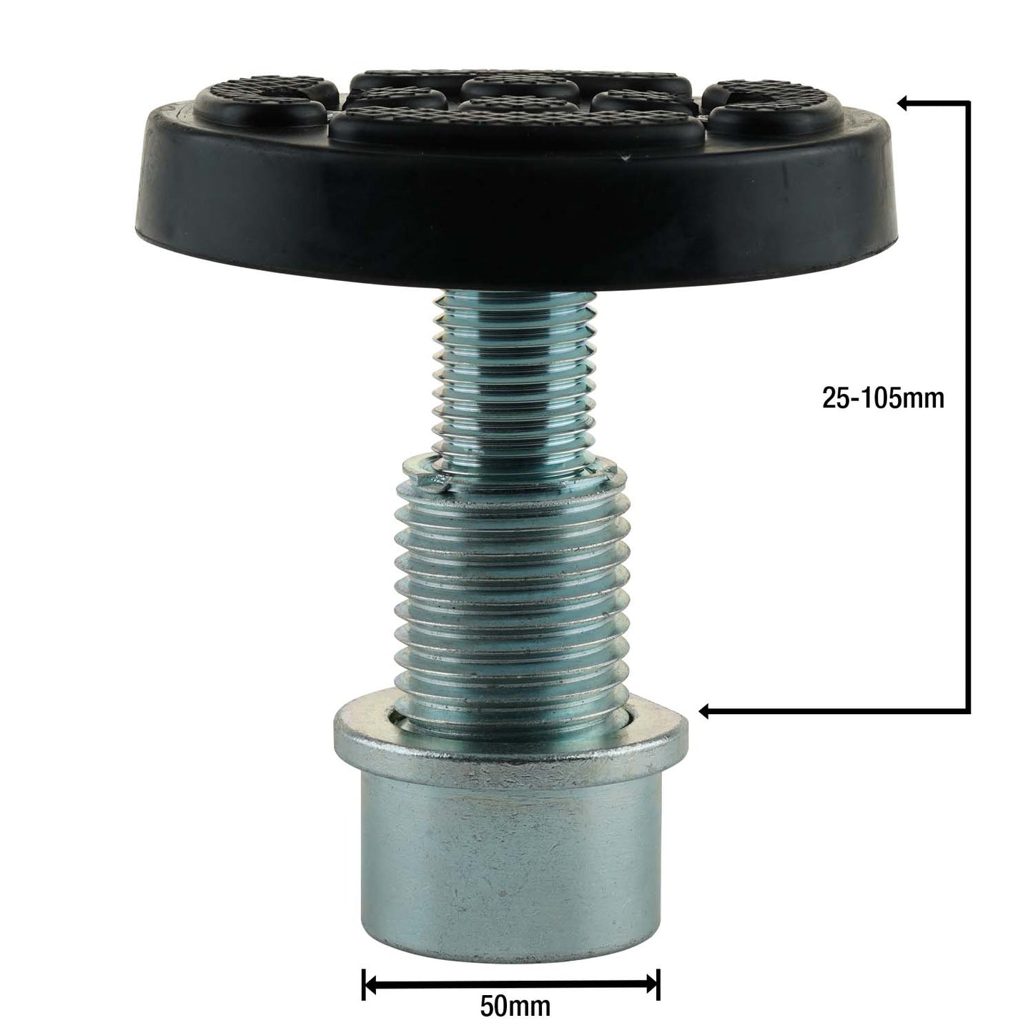 A car hoist screw pad with measurement indicators, showing that the base diameter is 50mm and the height is adjustable from 25mm to 105mm. The rubber pad on top provides a sturdy surface for lifting vehicles, and the threaded metal post ensures secure attachment to the hoist arm, ideal for precise height adjustments. Suitable for EAE 2 post car hoists with a 50mm arm hole.