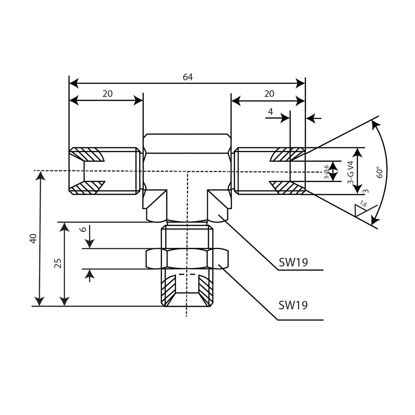 2D Drawing of the 615006003 Hydraulic Fitting T Piece, with diameters and measurements