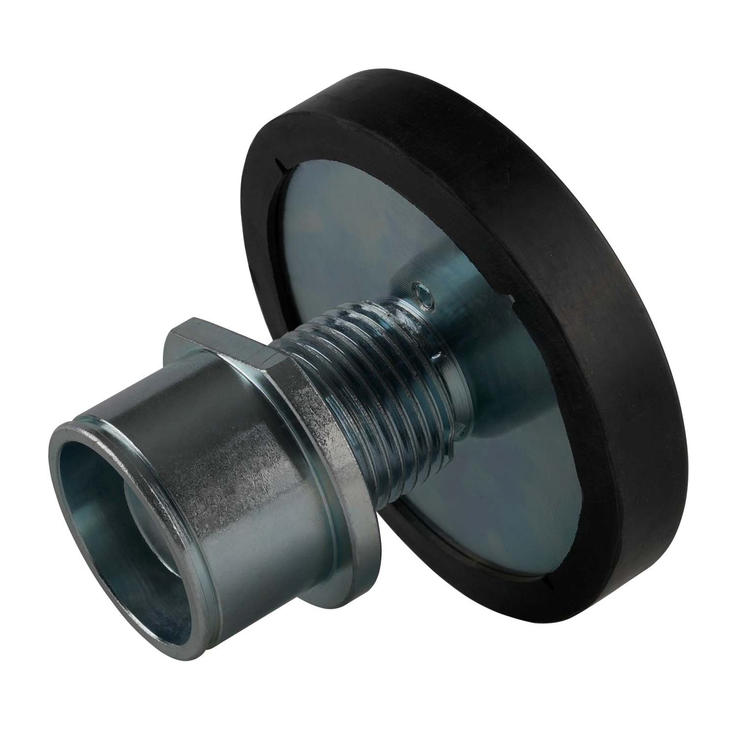 close up view of the back of a screw pad for 2 post hoists with a black rubber pad and silver screw