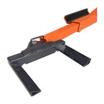 An angled view of a tyre holder adapter, featuring a sturdy black base and diamond-plate pattern for grip. It is connected to an orange beam, indicating its use as an attachment for lifting or holding wheels securely
