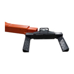 Close-up of a car hoist tyre holder adaptor with a durable orange metal and charcoal grey diamond plated design.