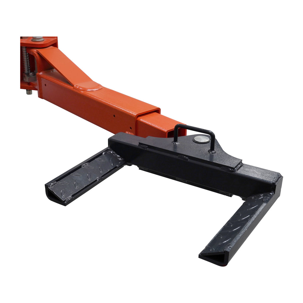 Close-up of a car hoist tyre holder adaptor with a durable orange metal and charcoal grey diamond plated design.