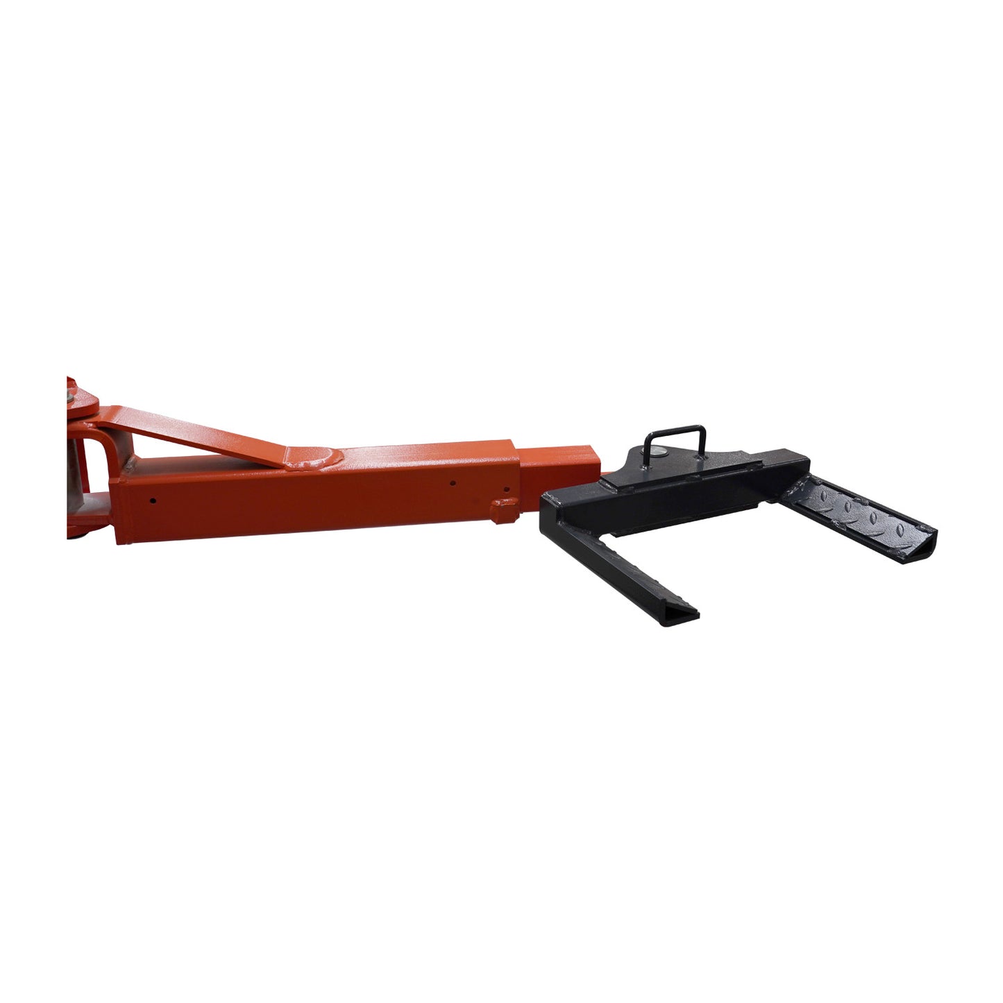 Close-up of a car hoist arm and tyre holder adaptor with a durable orange metal and charcoal grey diamond plated design.