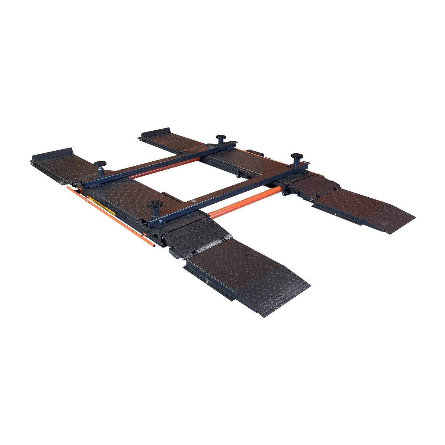 SUV/4WD Adapter on an EAE Scissor Lift, showcasing the adjustable screw pads and extended platform ramps for lifting large vehicles like SUVs and 4WDs with secure, balanced support.