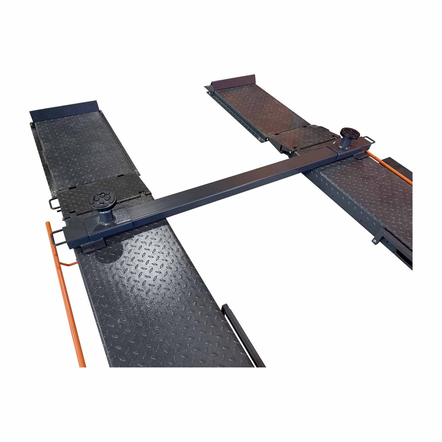 SUV/4WD Adapter installed on an EAE Scissor Lift, showing adjustable screw pads positioned across the platform beams for secure lifting of heavy-duty vehicles like SUVs and 4WDs with balanced weight distribution.
