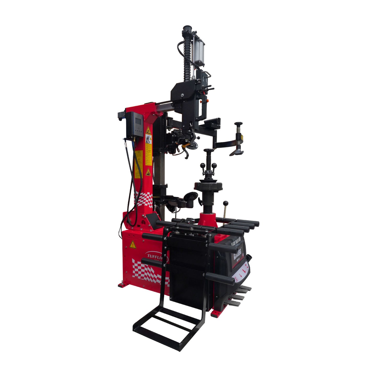 Angled front view of the BD-18 Tyre Changer, showing the robust bead press system, storage arms, and anti-scratch protective components built for high-volume tyre service.