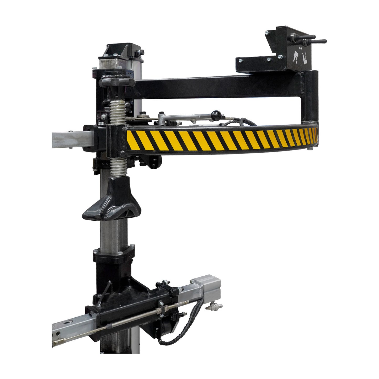 Side view of the upper assist arm on the BD-18, showing the patented pneumatic swing-arm with yellow-black safety bar for handling stiff or low-profile tyres.