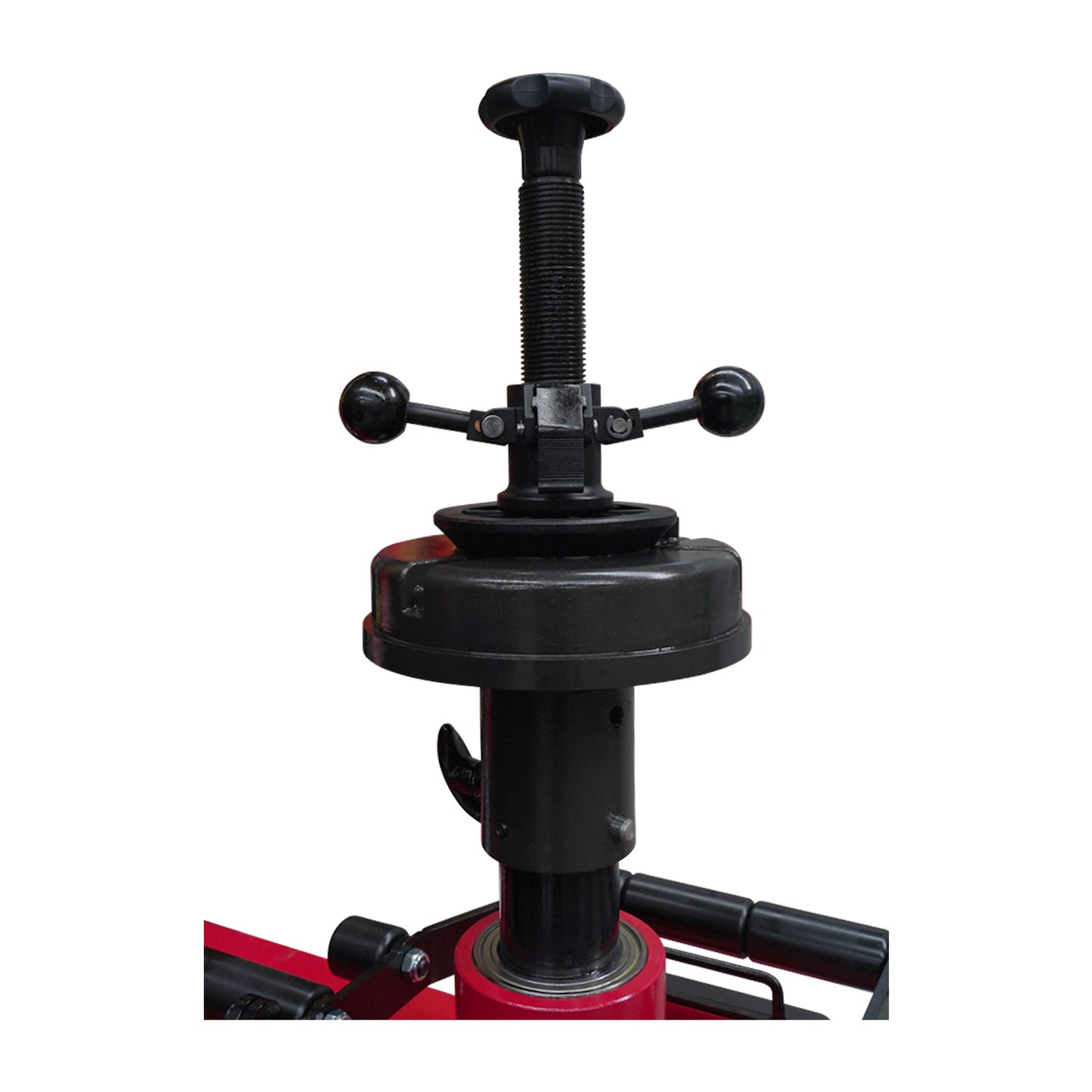 Zoomed-in view of the manual vertical center post locking clamp, equipped with dual handles and a threaded spindle for securely fixing rims of varying sizes.