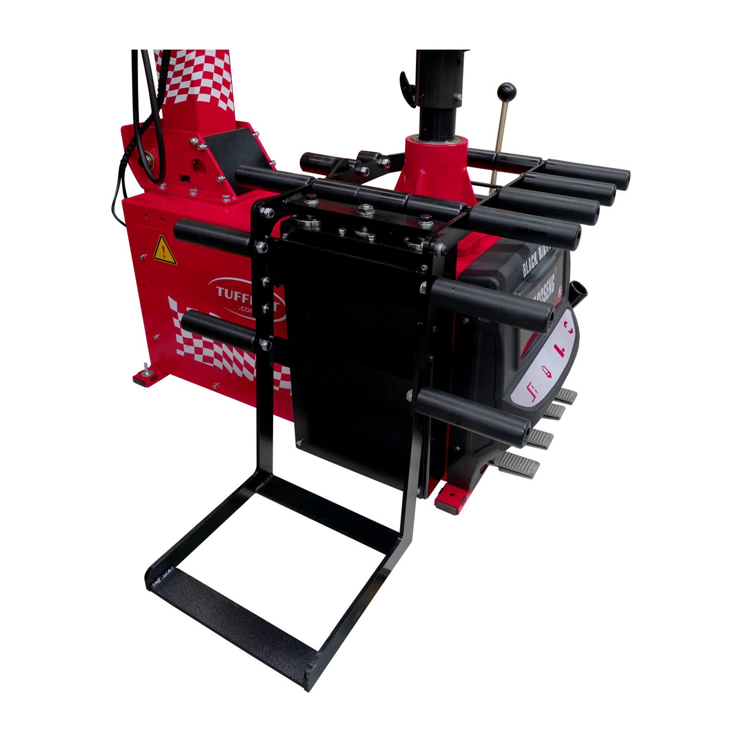 Close-up of the ergonomic bead press arm rack on the BD-18, designed for easy tool access and efficient workflow during commercial wheel servicing.