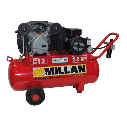 Red McMillan C12 portable air compressor with a 2.2 HP motor mounted on a horizontal tank, featuring a black front protective cage and wheel kit for mobility