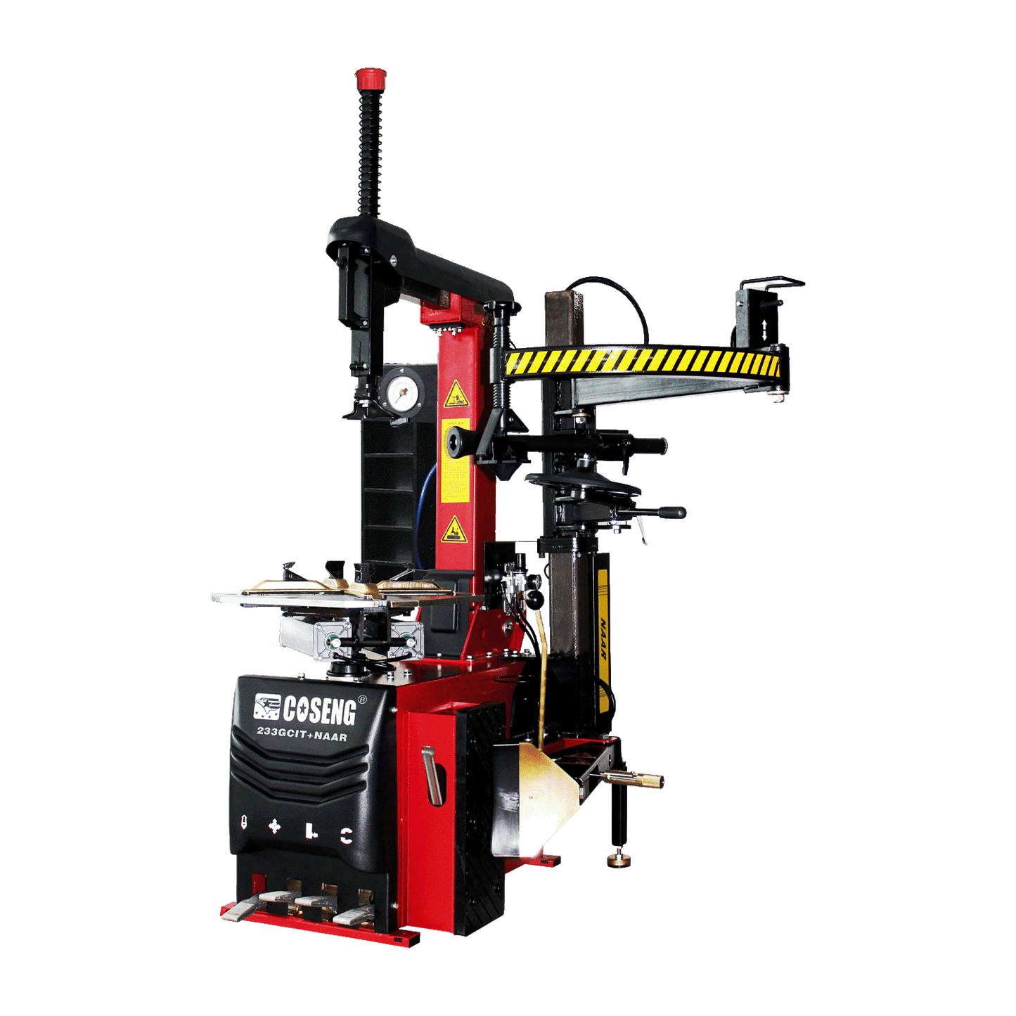 Coseng C233GCIT-NAAR tyre changer with a red base, black control panel, and various attachments.