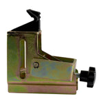 Side view of a Standard Motorcycle Adapter for tyre changers, showing the black clamp on top and adjustable knob on the side of its metal frame.