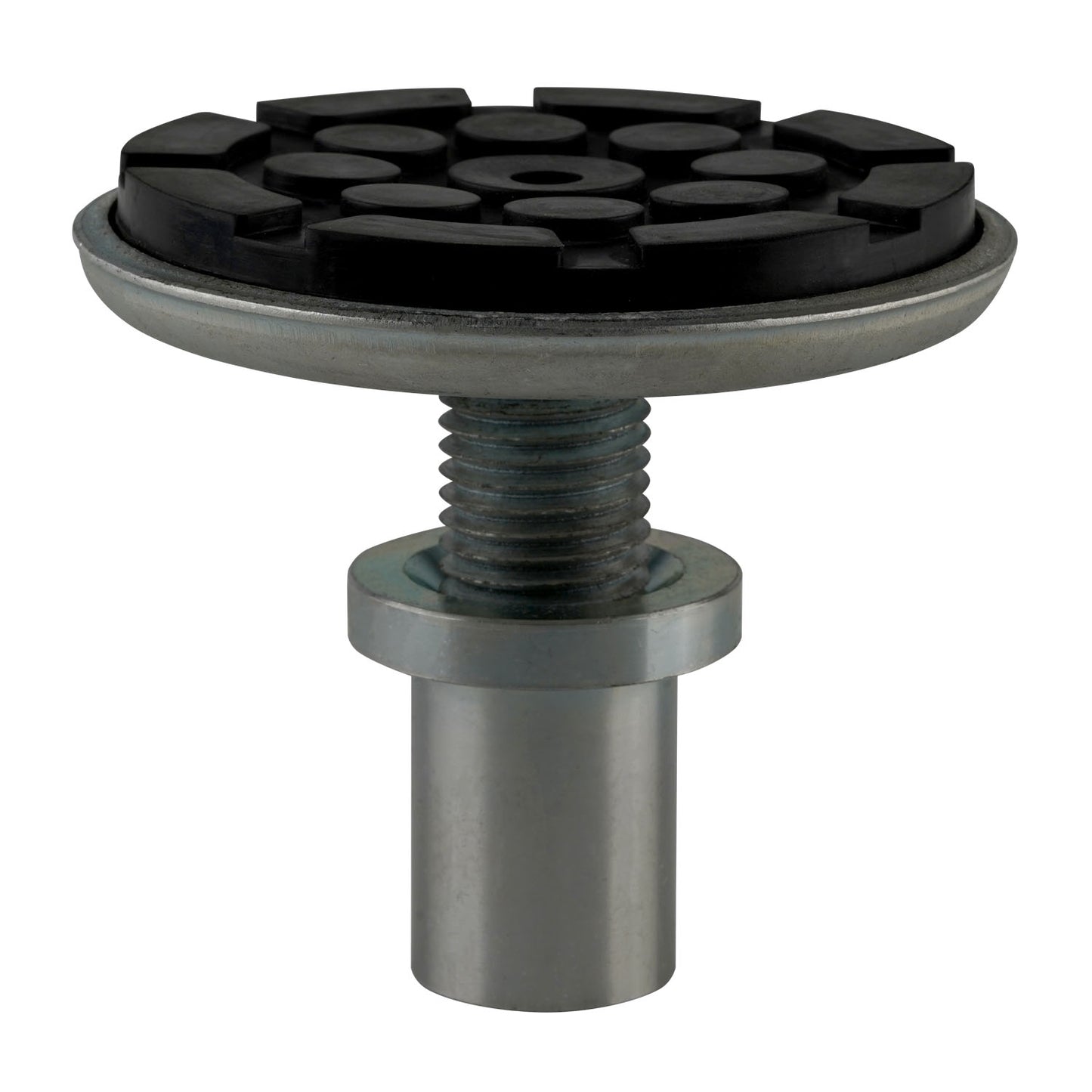 Drop-in screw pad, fully extended with a threaded base and a black grooved rubber top for secure grip and stability.