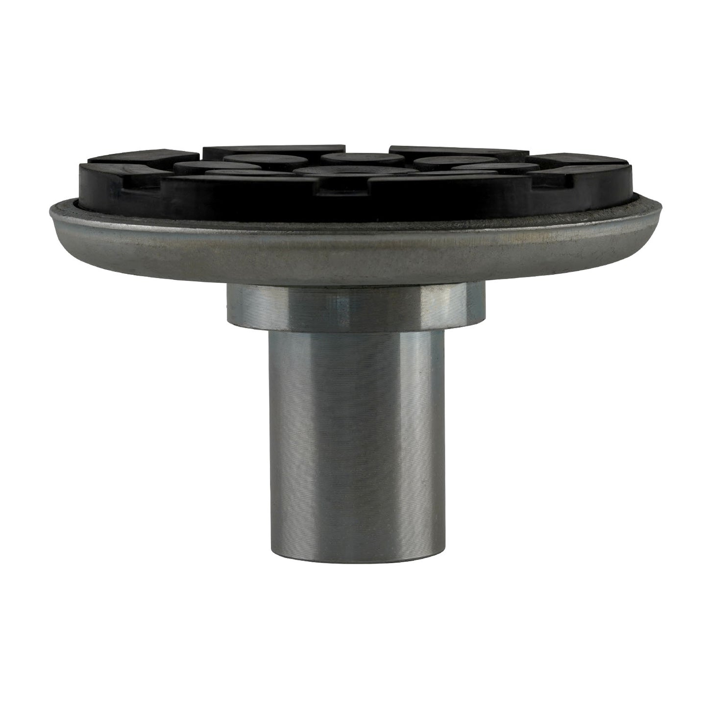 drop-in screw pad with a metallic cylindrical base and a circular black rubber top featuring a grooved texture for grip and stability.