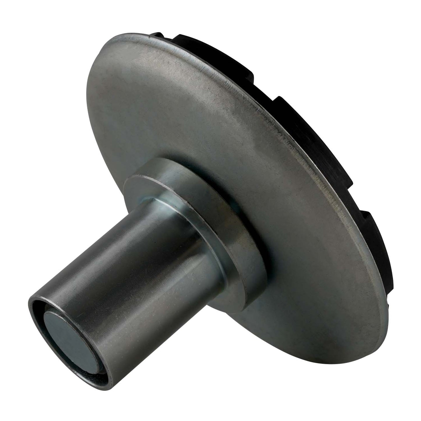 A drop-in screw pad viewed from a tilted angle, highlighting its metallic cylindrical base and wide circular support plate with a black textured rubber top.