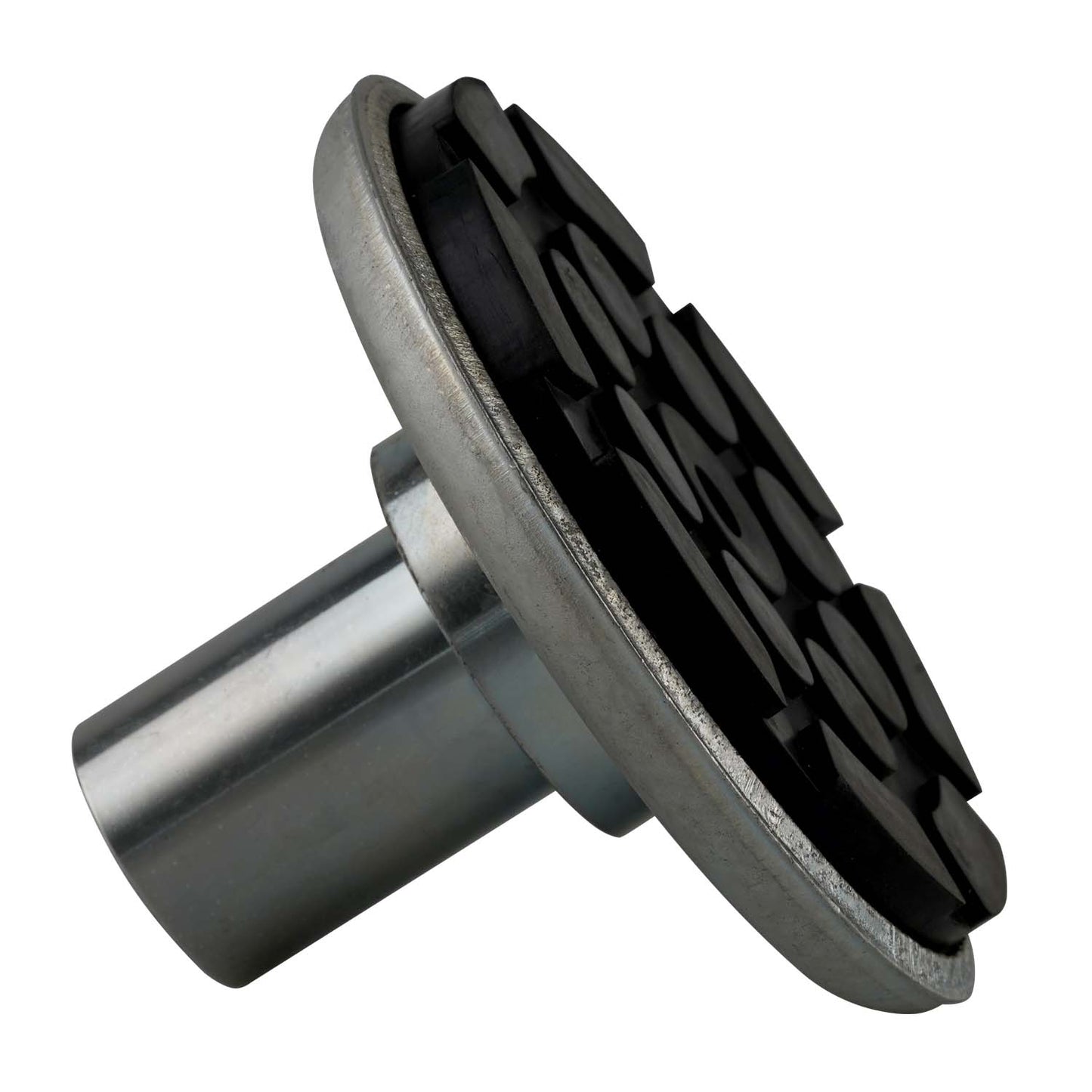 Drop-in screw pad at an angle, emphasizing its metallic cylindrical base and a black rubber top with a raised grooved pattern for grip and stability.