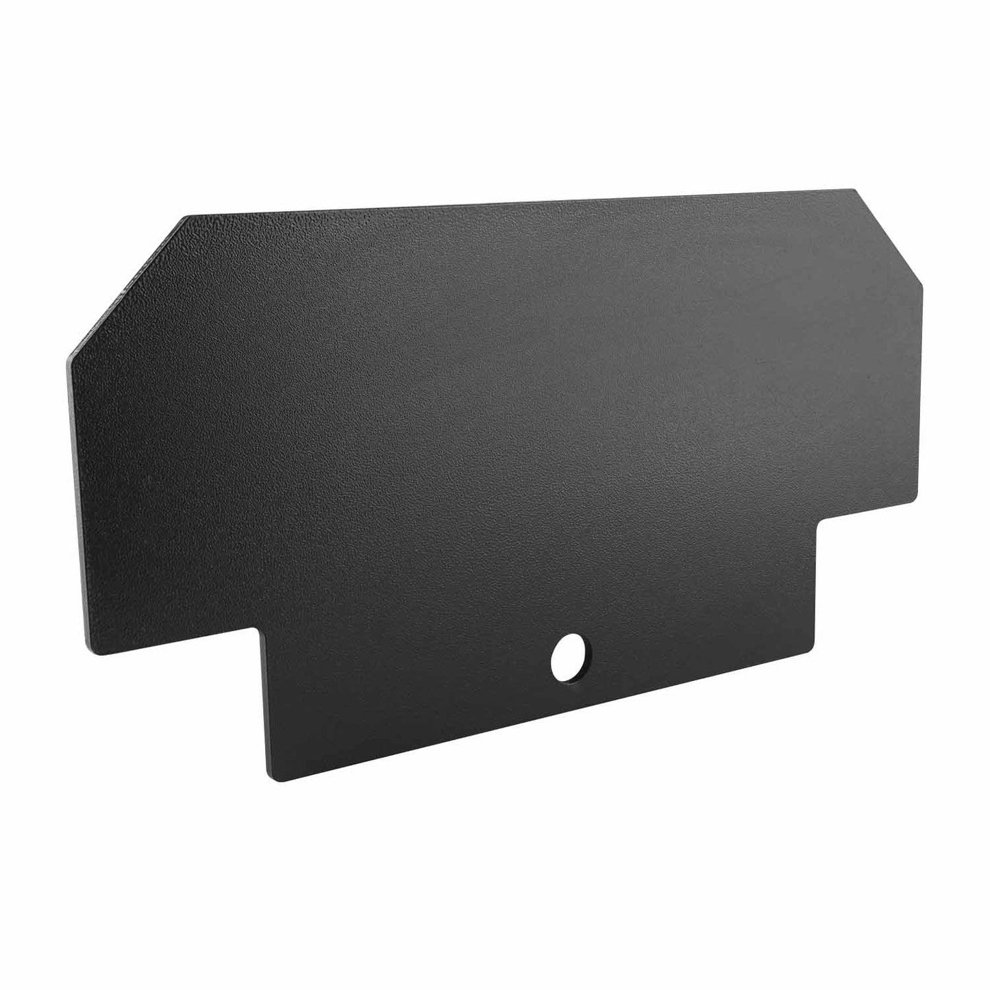 Angled view of an end plate for a 4 post car hoist, designed to secure the ends of the hoist platforms for added protection and to prevent vehicles from rolling off during lifting or parking.
