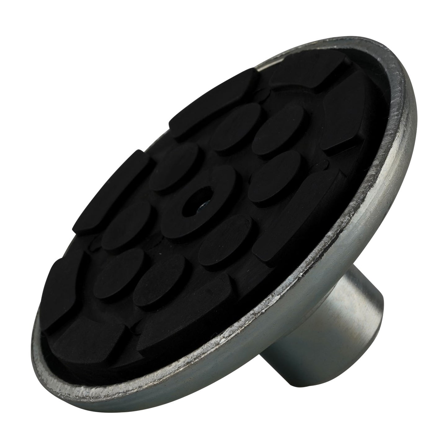 A close-up of a rubber pad with a textured black surface and a metal base, designed for stability and protection in vehicle lifting setups.
