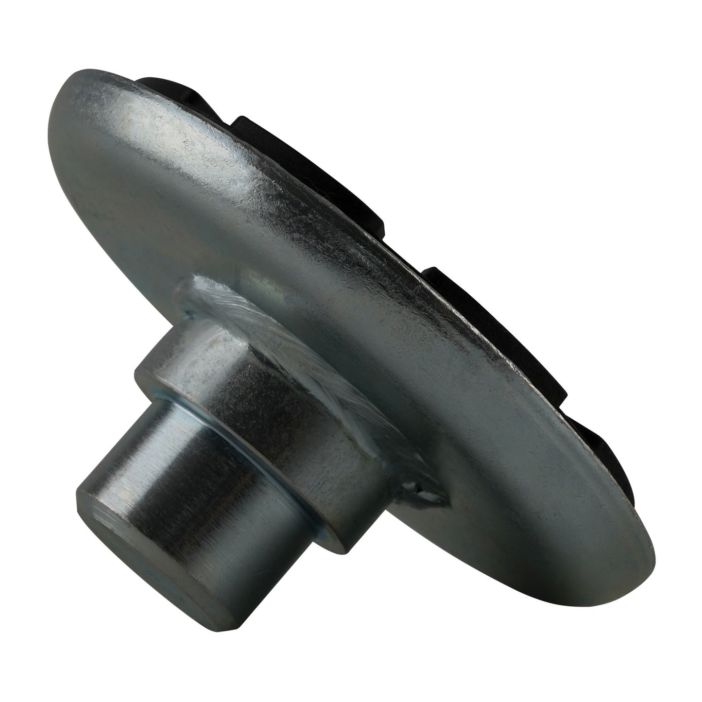 A metal base with a rubber pad attachment designed for vehicle lifting equipment, shown from a side angle.