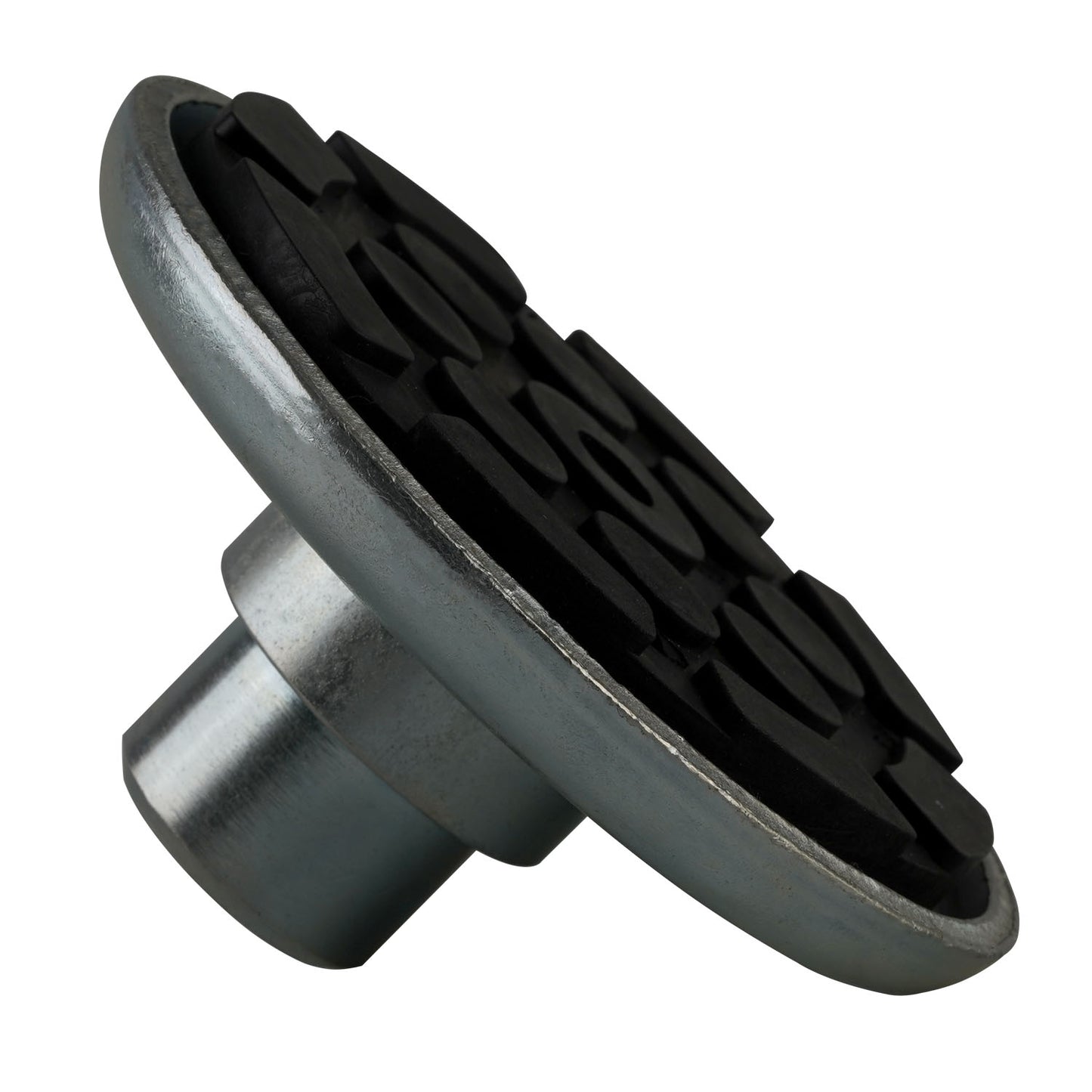 A drop-in rubber pad with a textured black surface and a metal base, designed for vehicle lifting setups.