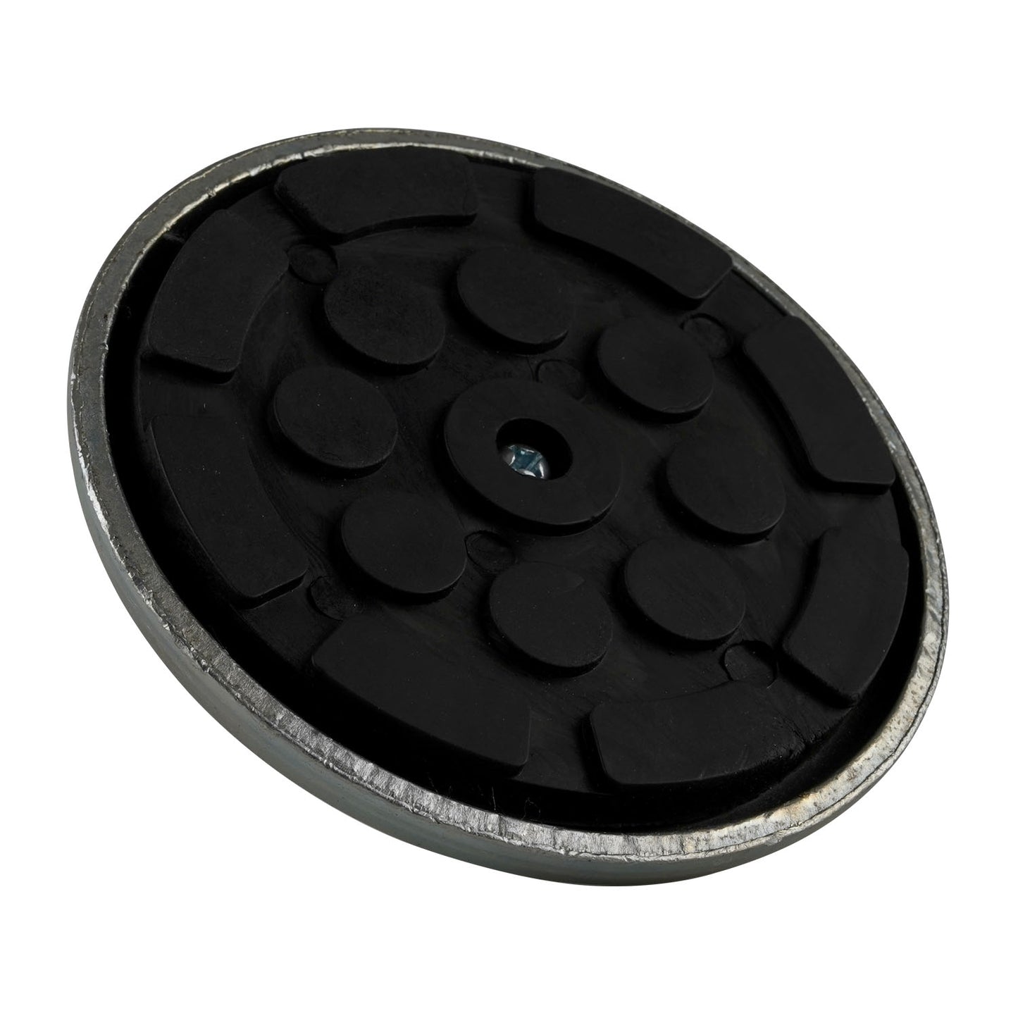 A top-down view of a rubber pad with a textured black surface, set within a metal frame.